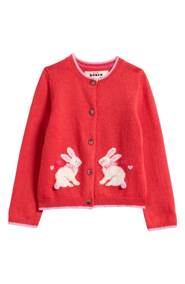 Mini Boden Kids' Intarsia Bunny Cotton Blend Cardigan, Main, color, 