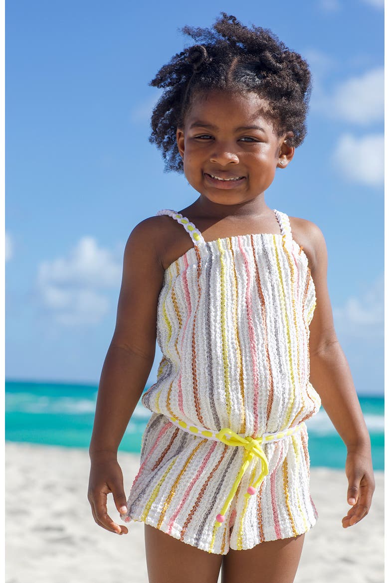Vibrant Vertical Stripe Beach Romper with Braided Yellow Cord and Cinch Waist, Alternate, color, Beige