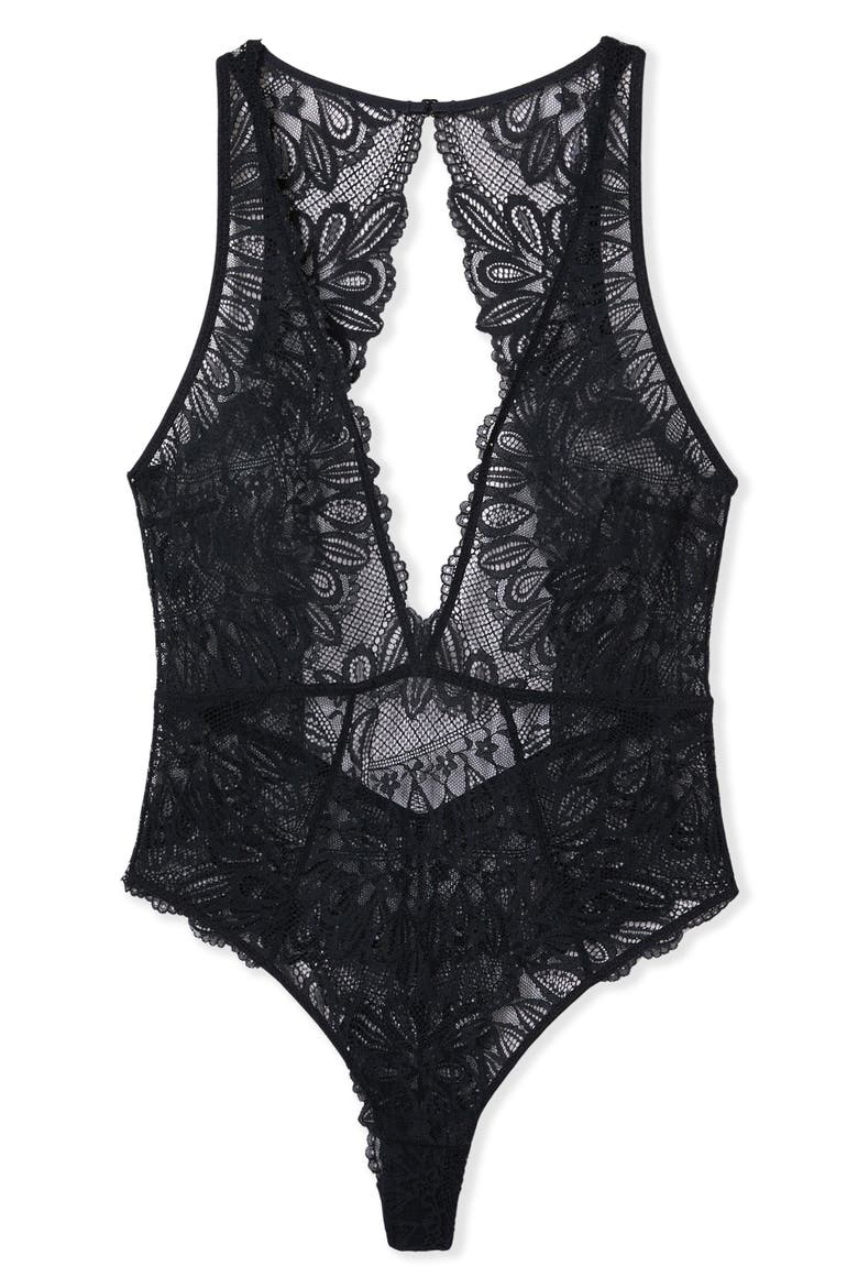 Persienne Lace Plunge Bodysuit, Alternate, color, BLACK