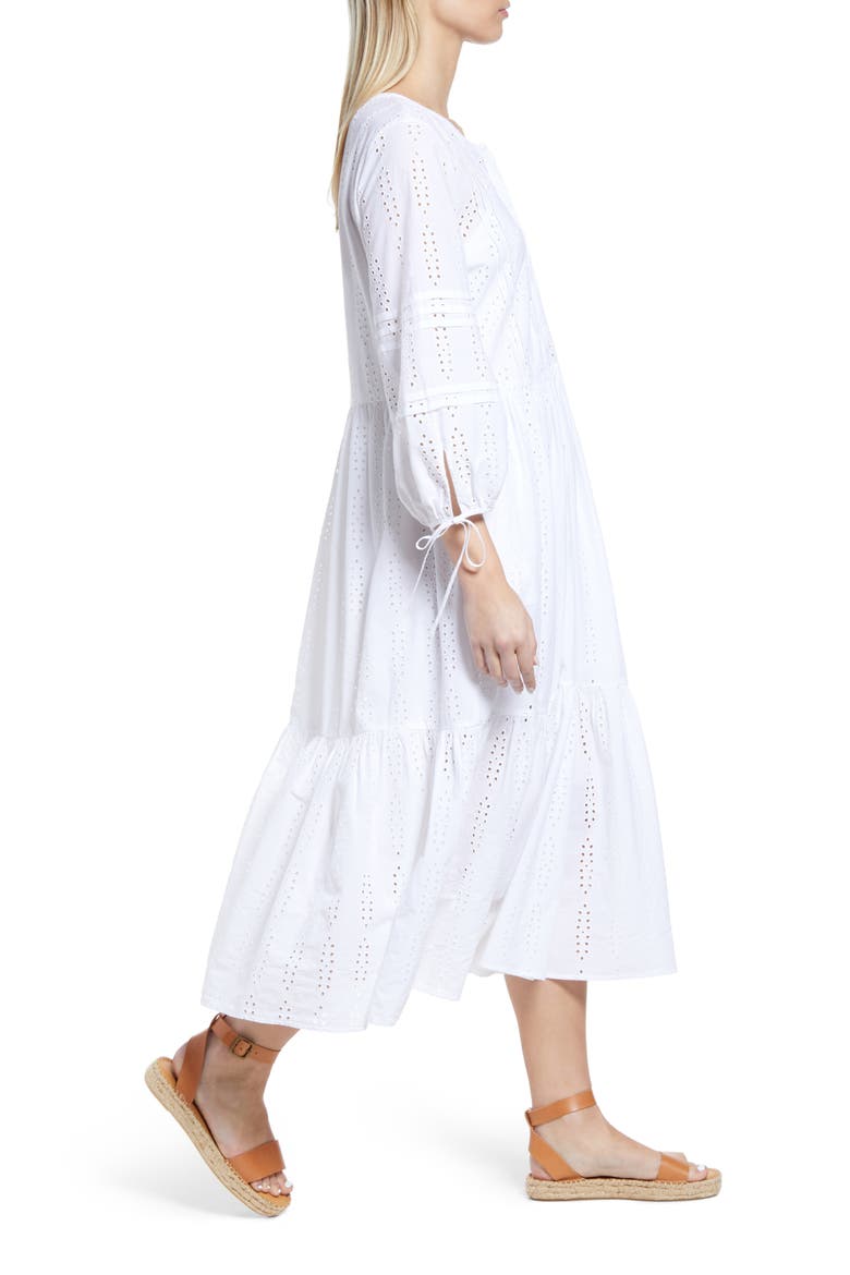 Eyelet Three-Quarter Sleeve Cotton Midi Dress, Alternate, color, WHITE
