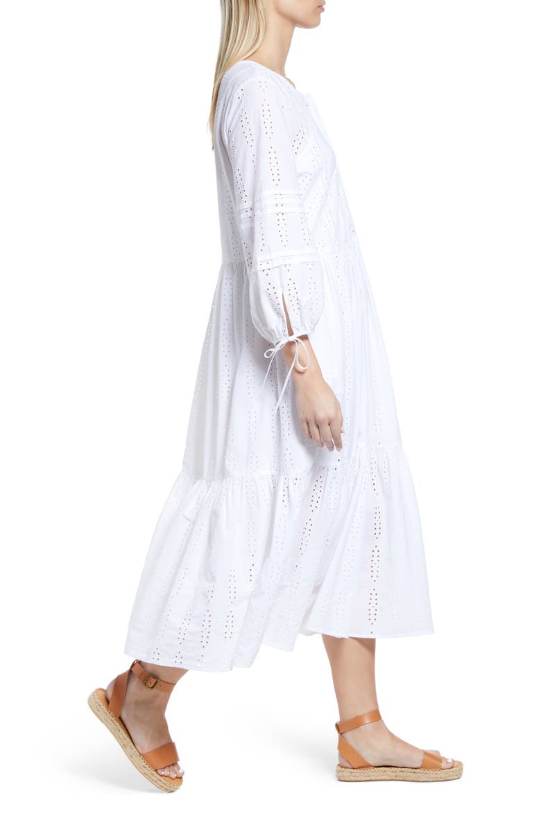 Caslon<sup>®</sup> Eyelet Three-Quarter Sleeve Cotton Midi Dress, Alternate, color,