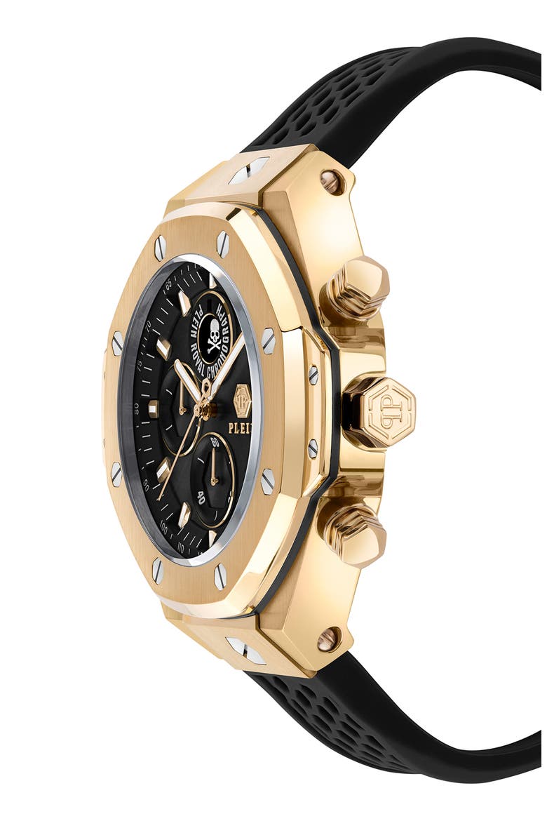 Plein Royal Chronograph Silicone Strap Watch, 46mm, Alternate, color, IP YELLOW GOLD
