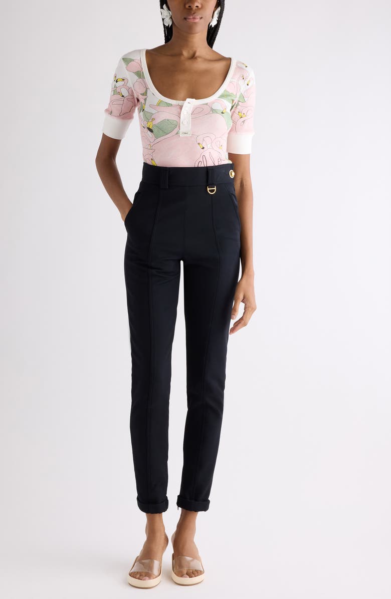 Chloé Flamingo Print Rib Jersey Henley, Alternate, color, Iconic Milk