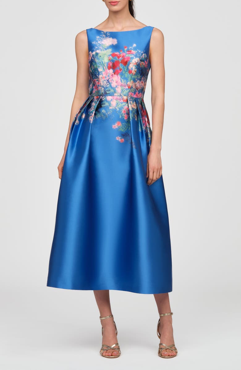 Kay Unger Dina Placed Floral Mikado Cocktail Dress, Main, color, Oxford Blue