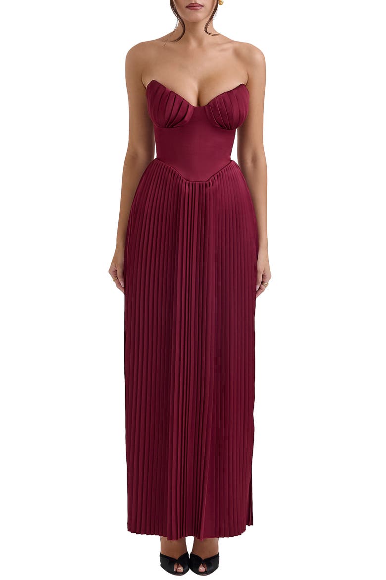 Marcella Strapless Pleated Georgette Gown, Main, color, CABERNET