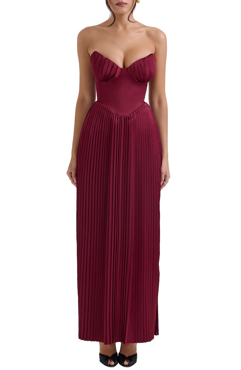 HOUSE OF CB Marcella Strapless Pleated Georgette Gown, Main, color, Cabernet
