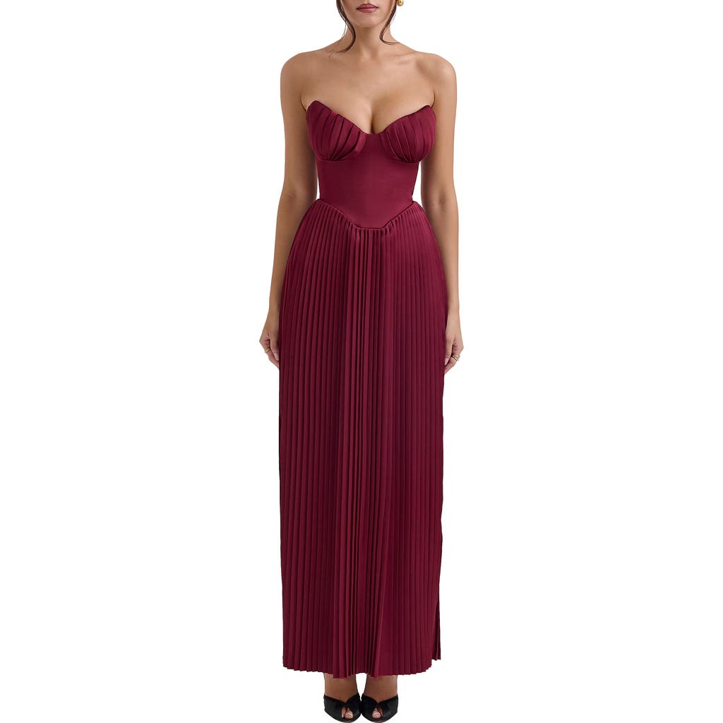 House Of Cb Marcella Strapless Pleated Georgette Gown In Cabernet