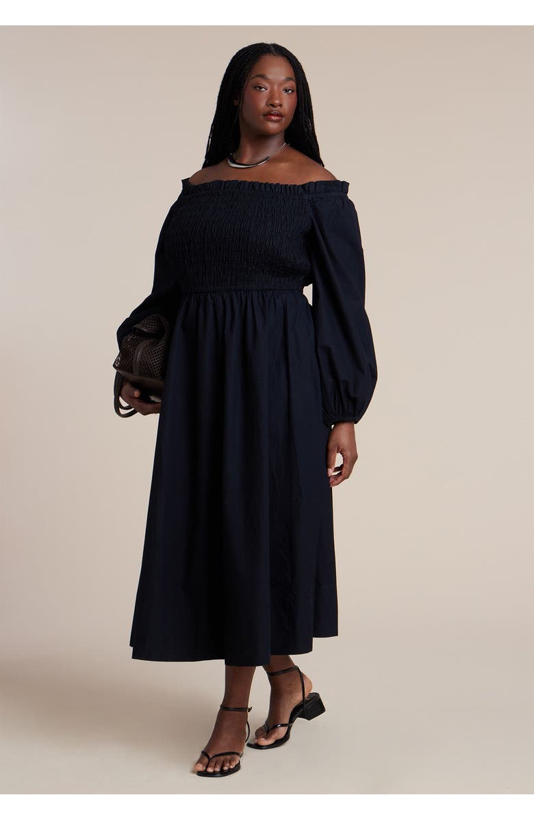 ELOQUII Long Sleeve Smocked Maxi Dress, Main, color, Black Onyx