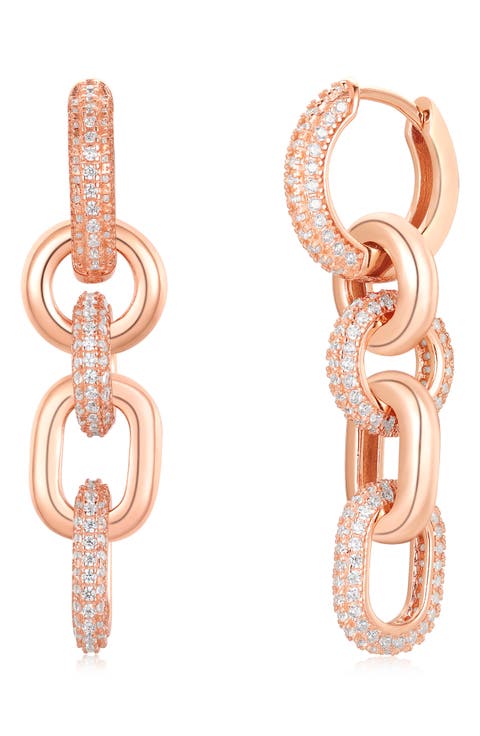 Pavé Cubic Zirconia Chain Drop Huggie Hoop Earrings