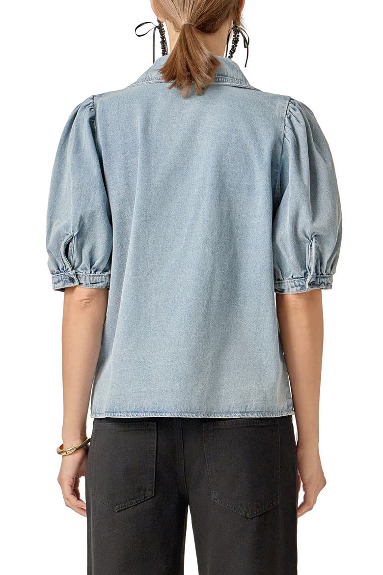 Peter Pan Collar Balloon Sleeve Denim Top, Alternate, color, BLUE