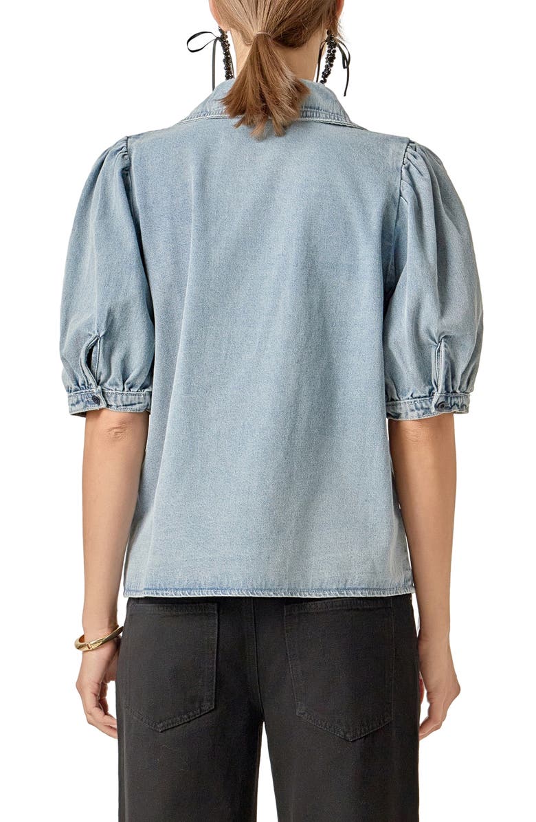 English Factory Peter Pan Collar Balloon Sleeve Denim Top, Alternate, color, Blue
