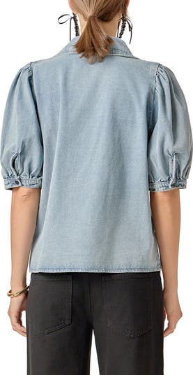 English Factory Peter Pan Collar Balloon Sleeve Denim Top | Nordstrom