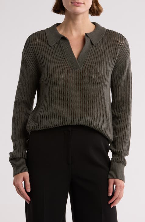 Long Sleeve Pointelle Polo Sweater