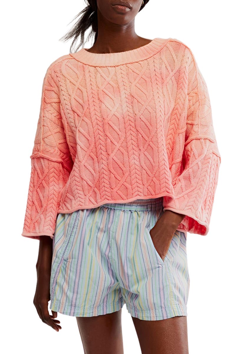 Free People Washed Ashore Cable Stitch Cotton Sweater, Alternate, color, Pink
