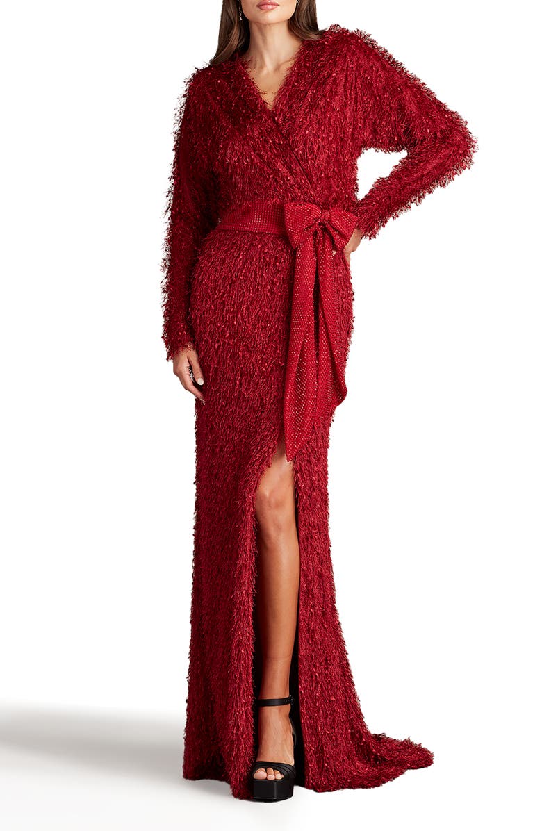 Tadashi Shoji Allover Fringe Long Sleeve Gown, Alternate, color, 