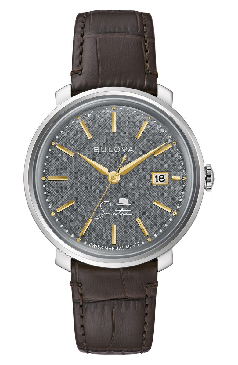 BULOVA Frank Sinatra The Best is Yet to Come Leather Strap Watch, 40mm, Main, color,