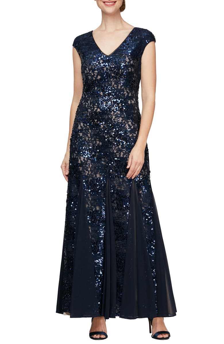 Alex Evenings Sequin & Lace A-Line Gown, Main, color, 