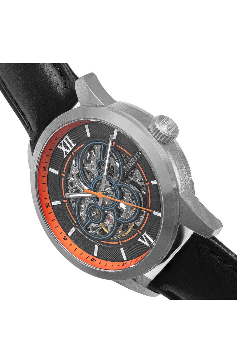 Heritor Automatic Jonas Leather-Band Skeleton Watch, Alternate, color, Silver/Orange