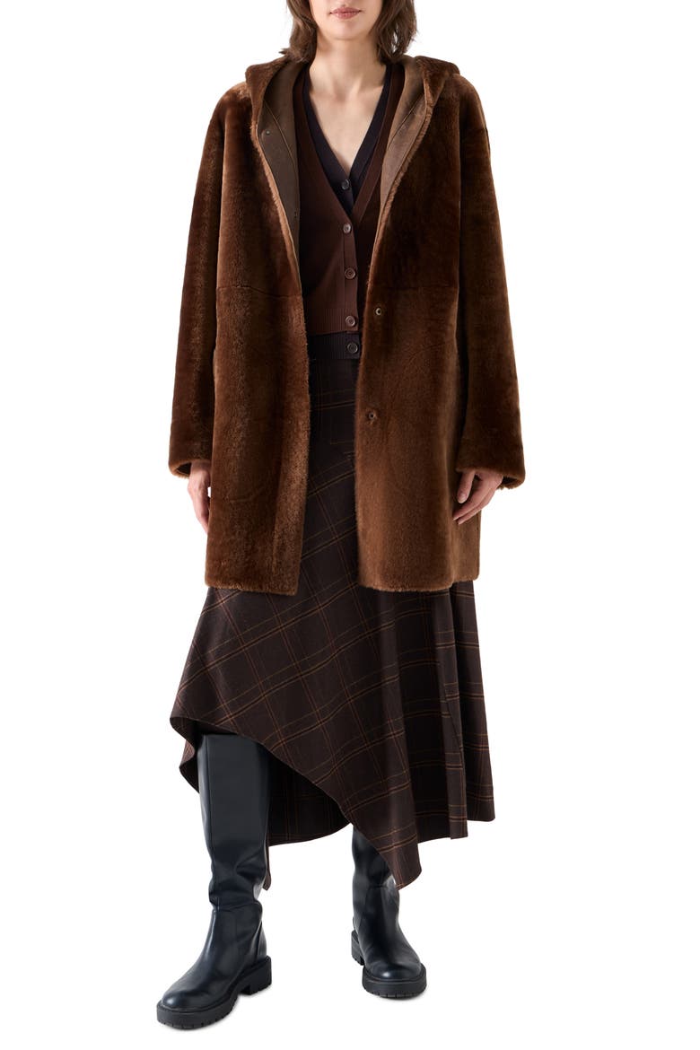 Genuine Shearling Hooded Coat, Main, color, CARAMEL