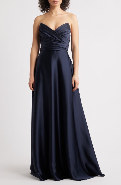 Amsale Strapless Satin Gown In Navy