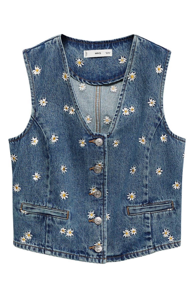 MANGO Massy Daisy Embroidered Denim Crop Vest, Alternate, color, Medium Blue