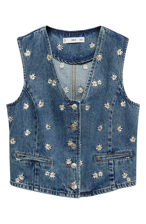 Mango Massy Daisy Embroidered Denim Crop Vest In Medium Blue