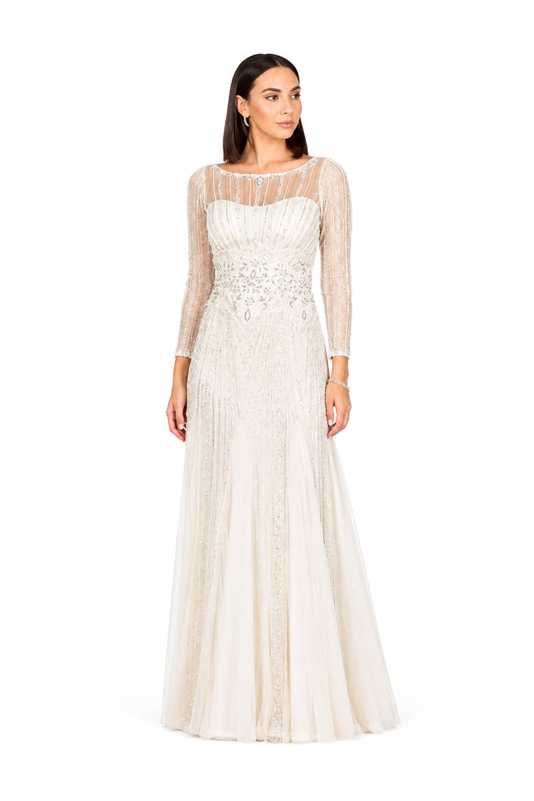 Beaded Faux-Wrap V-Neck Bridal Gown, Alternate, color, Ivory