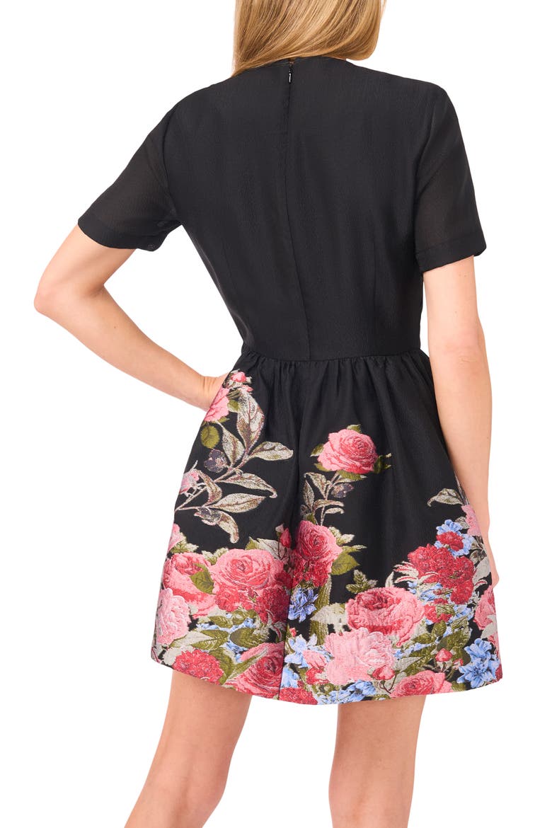 Placed Floral Short Sleeve Jacquard Fit & Flare Minidress, Alternate, color, RICH BLACK