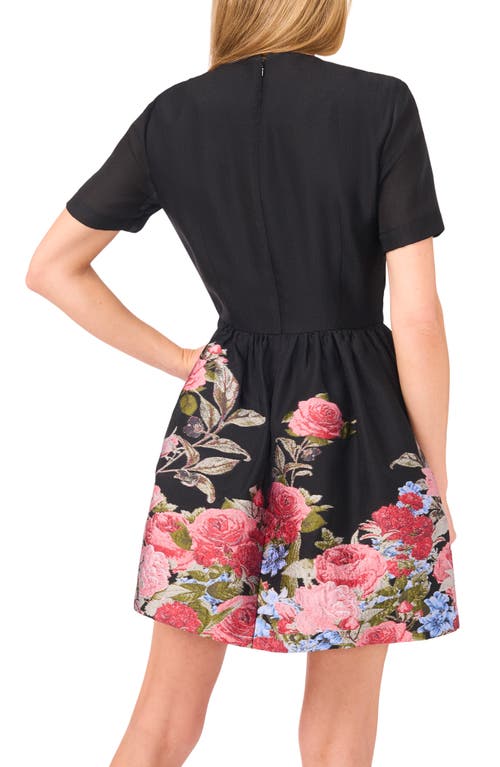 Ted Baker Placed Floral Short Sleeve Jacquard Fit & Flare Minidress In Black
