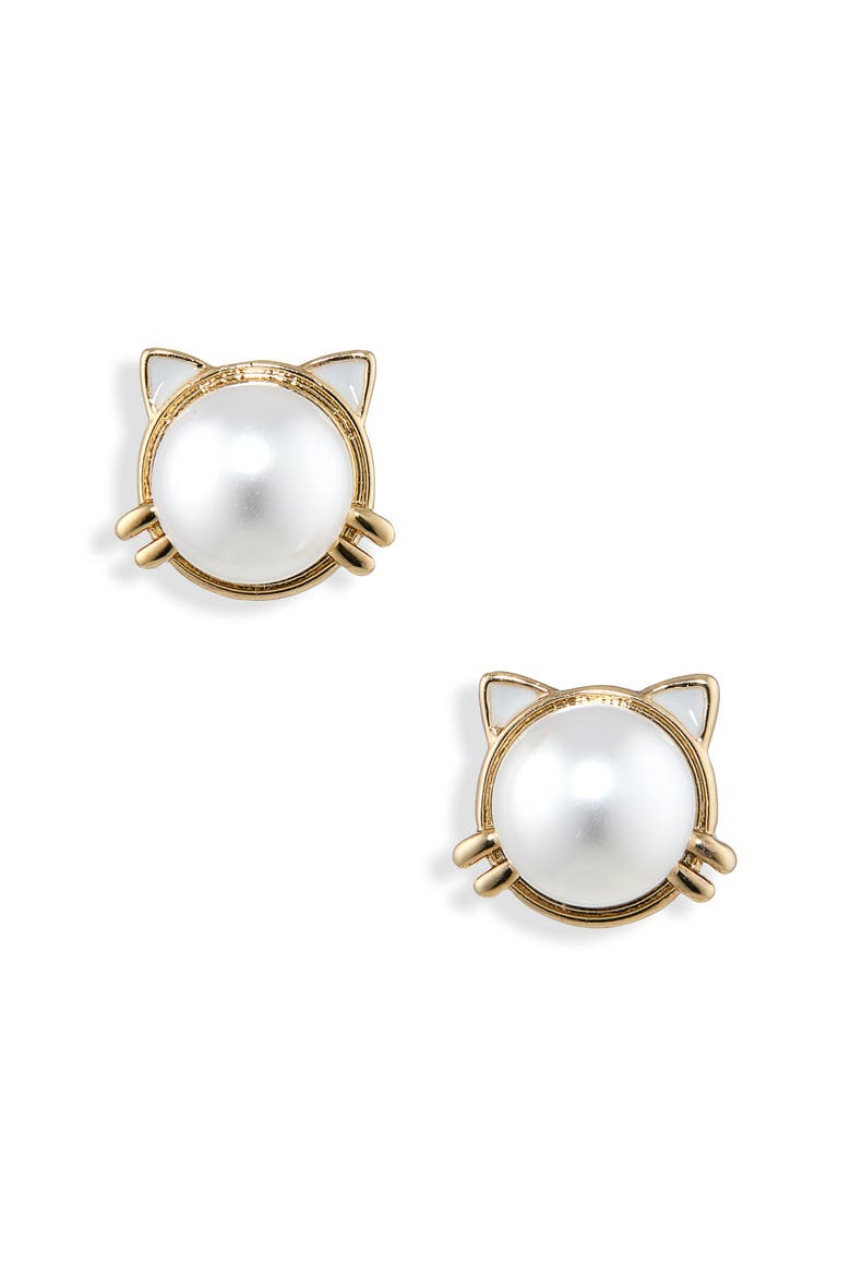 faux pearl cat stud earrings, Alternate, color, CREAM / GOLD