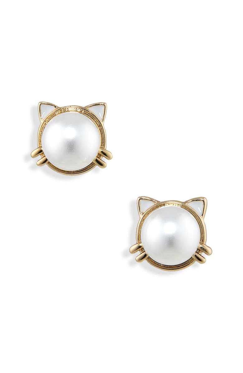 Kate Spade New York faux pearl cat stud earrings, Alternate, color, Cream / Gold