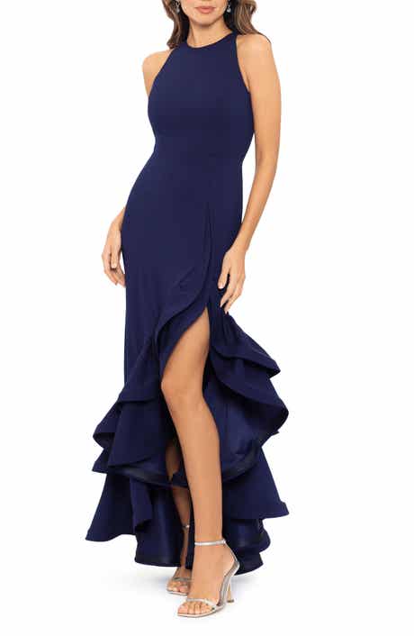 Betsy & Adam Ruffle Halter Crepe Gown