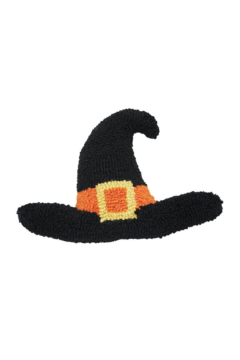 Witch Hat Shaped Halloween Hooked Accent Throw Pillow 8" x 12", Main, color, Black