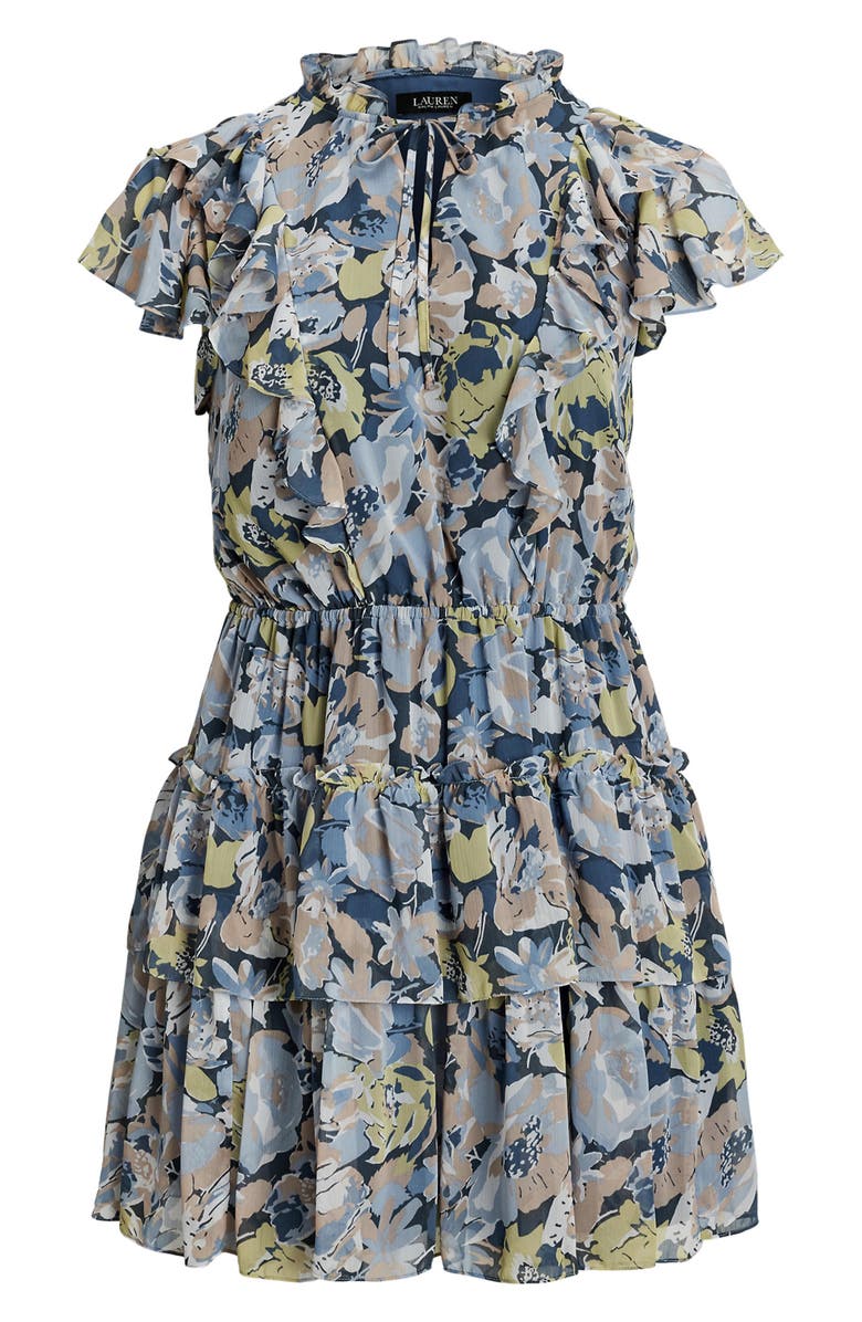 Lauren Ralph Lauren Floral Ruffle Crinkle Georgette Dress, Alternate, color, Blue Multi