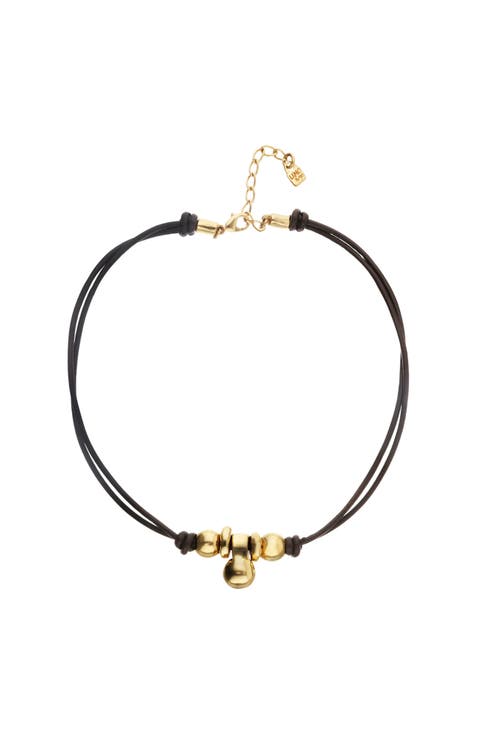 Leather necklace with three 18k gold-plated dials
