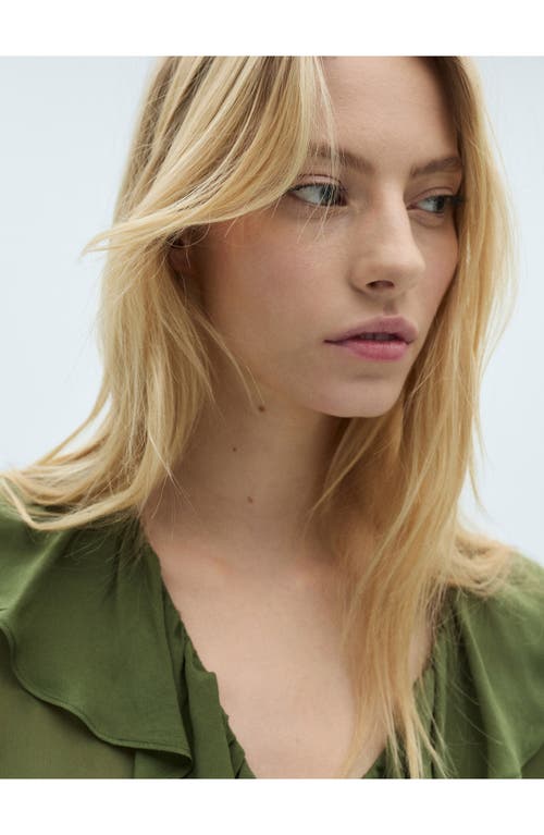 Mango Ruffle Long Sleeve Top In Khaki Green
