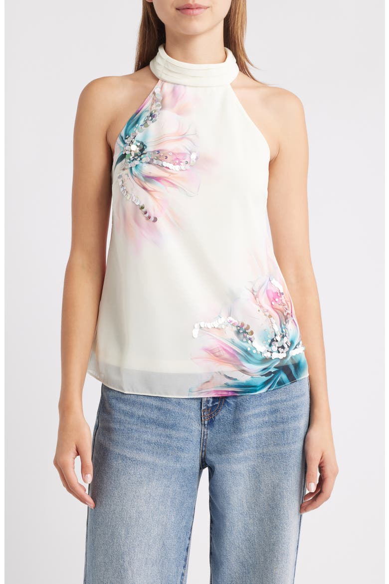 Floral Embellished Mock Neck Top, Main, color, WHITE