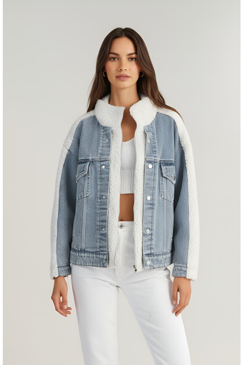Denim Jacket with Faux Shearling Collar and Contrast Trim, Main, color, Light Blue Denim
