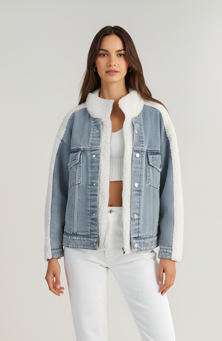 Modenaire Denim Jacket with Faux Shearling Collar and Contrast Trim, Main, color, Light Blue Denim