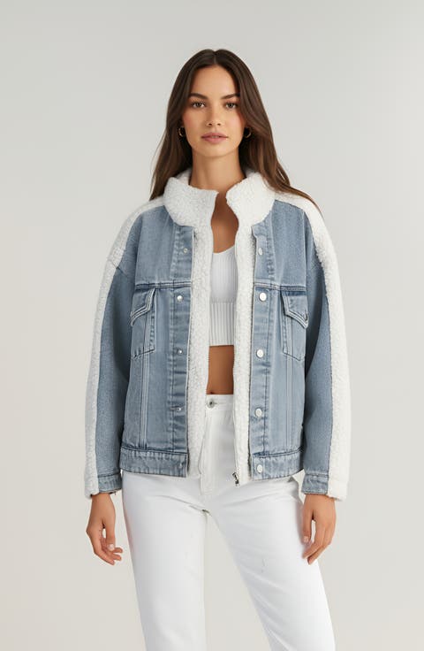 Denim Jacket with Faux Shearling Collar and Contrast Trim