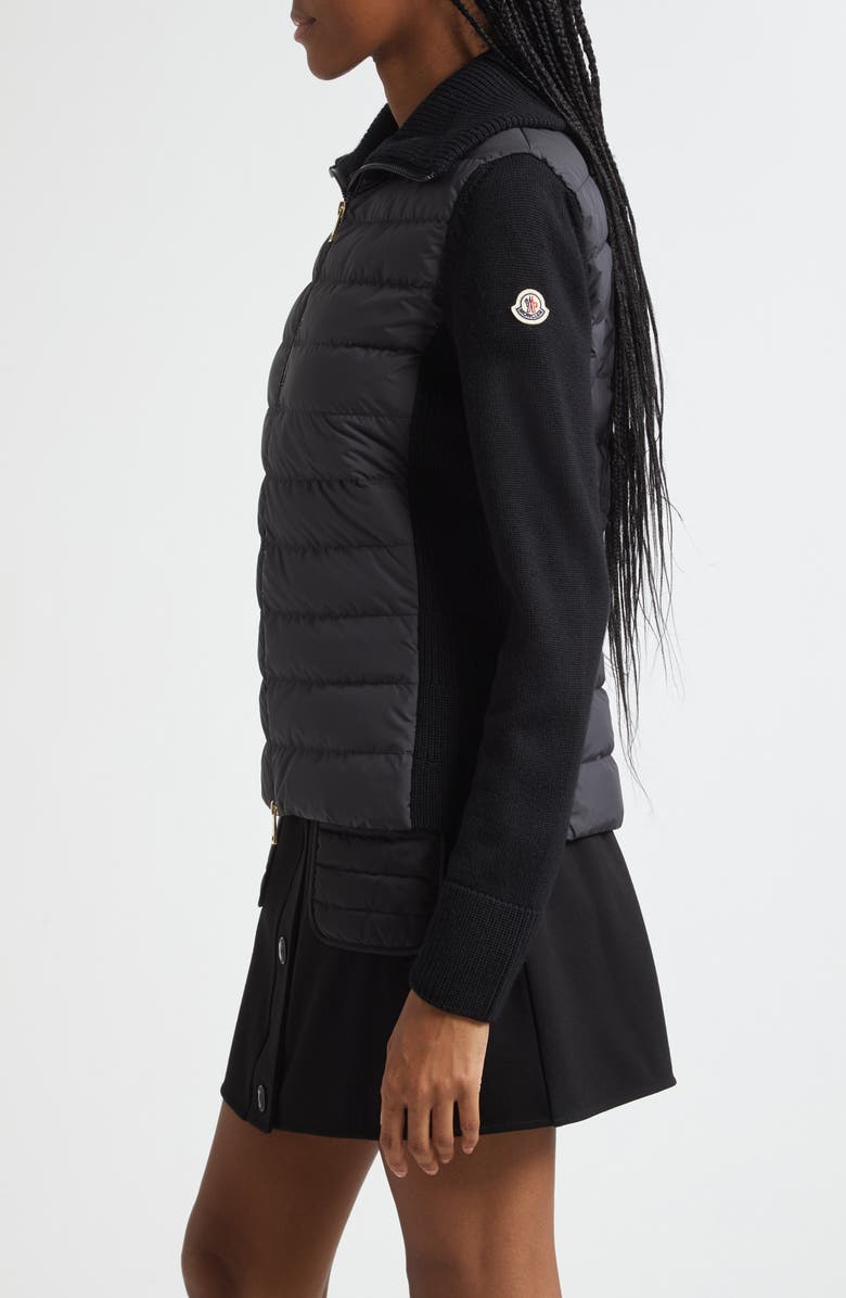 Moncler Virgin Wool Knit & Quilted Down Cardigan, Alternate, color, Black