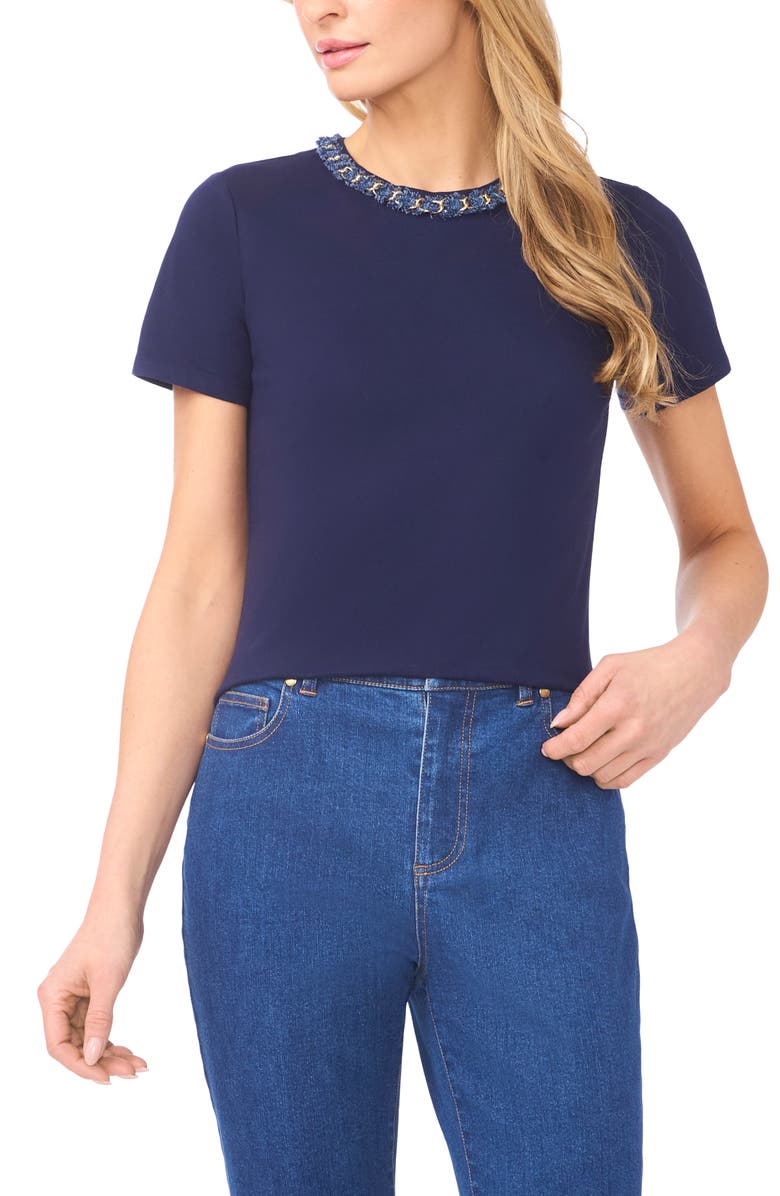 CeCe Denim Trim T-Shirt, Main, color, Classic Navy