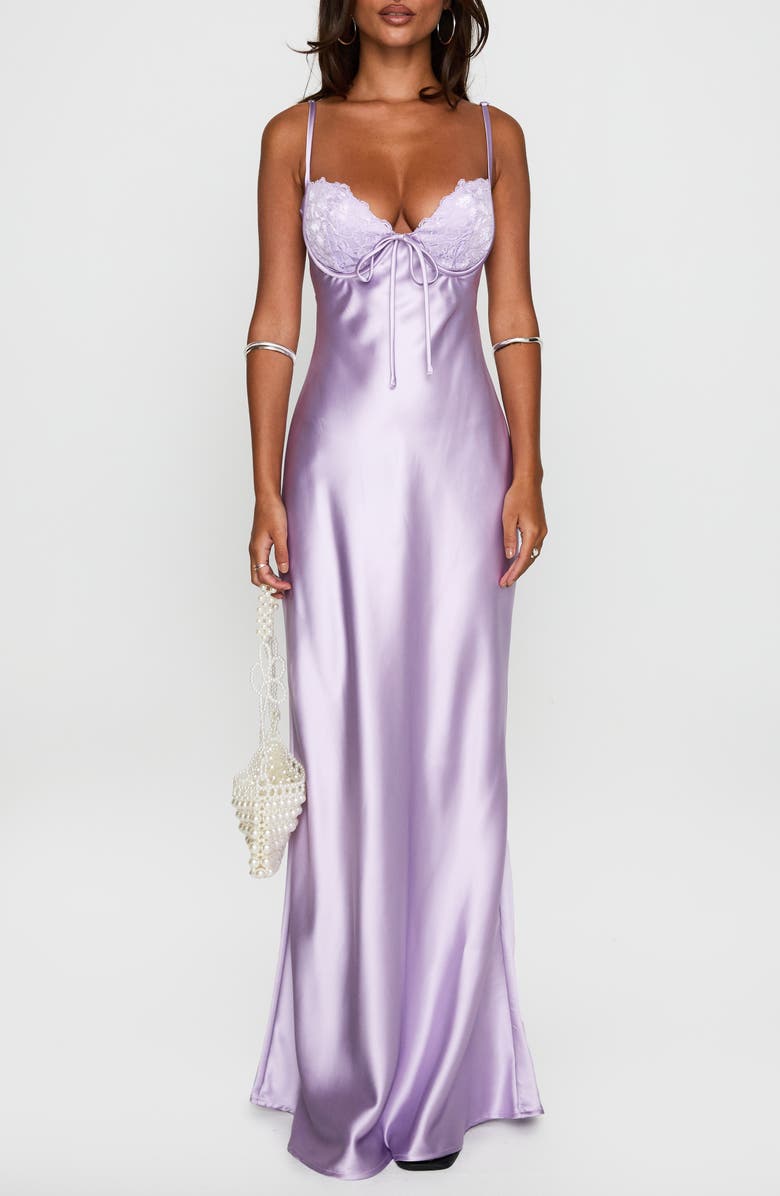 Princess Polly Fadyen Bias Cut Satin Maxi Dress, Main, color, Lilac