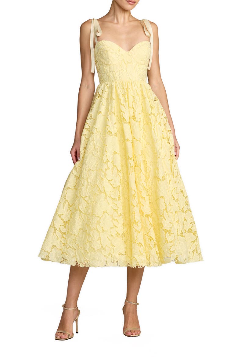Lace Sweetheart Tie Strap A-Line Midi Dress, Main, color, Butter