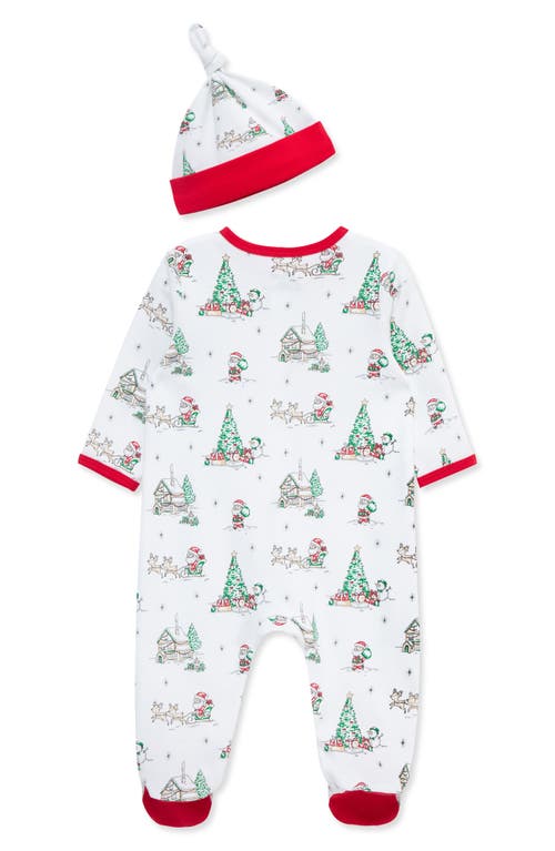 Little Me Holiday Scene Cotton Footie & Hat Set In White