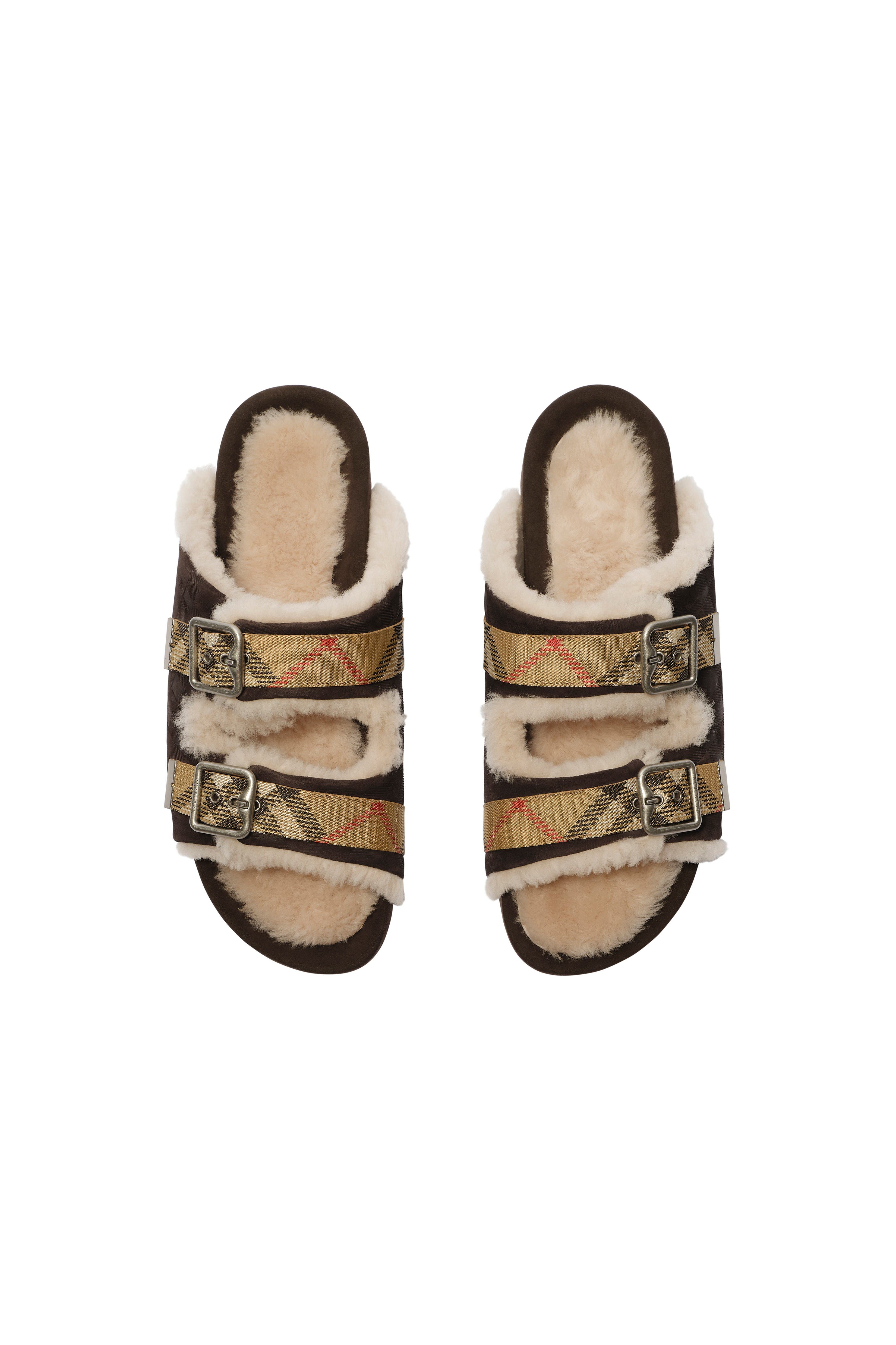 Check Shearling Urchin Sandals, Alternate, color, Moorhen brown