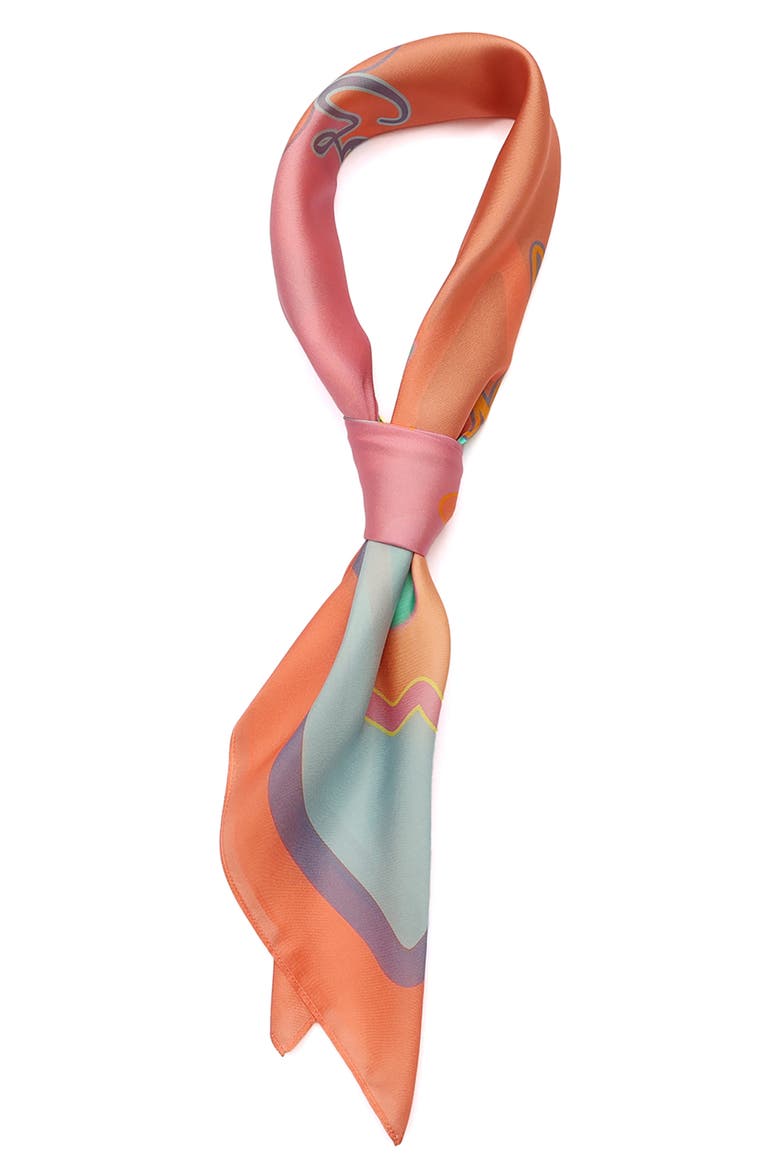 Script Print Square Silk Scarf, Alternate, color, CORAL GLOW