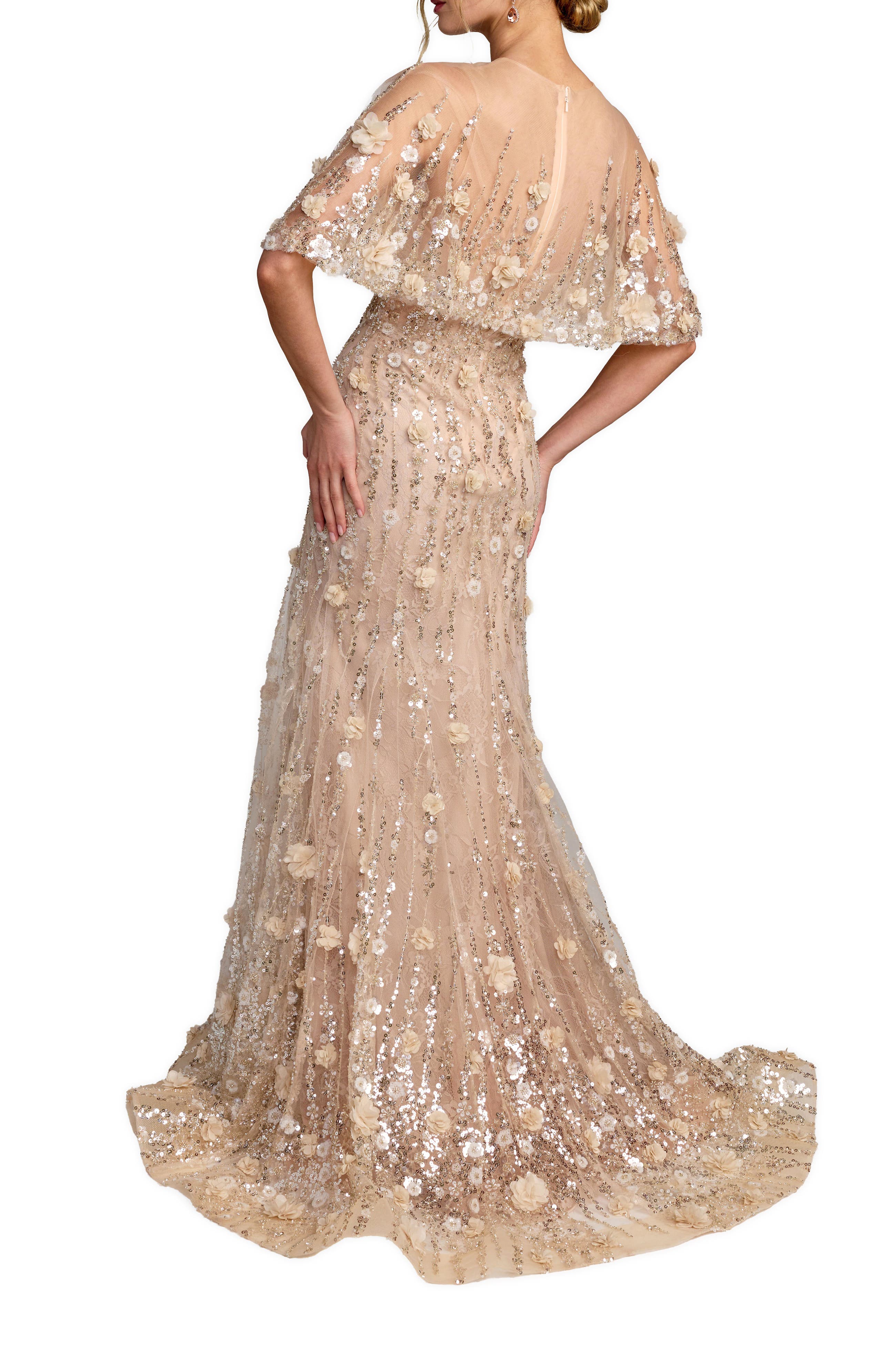 Mac Duggal Chiffon Lace Floral Caplet Sleeve Trumpet Gown (Women ...