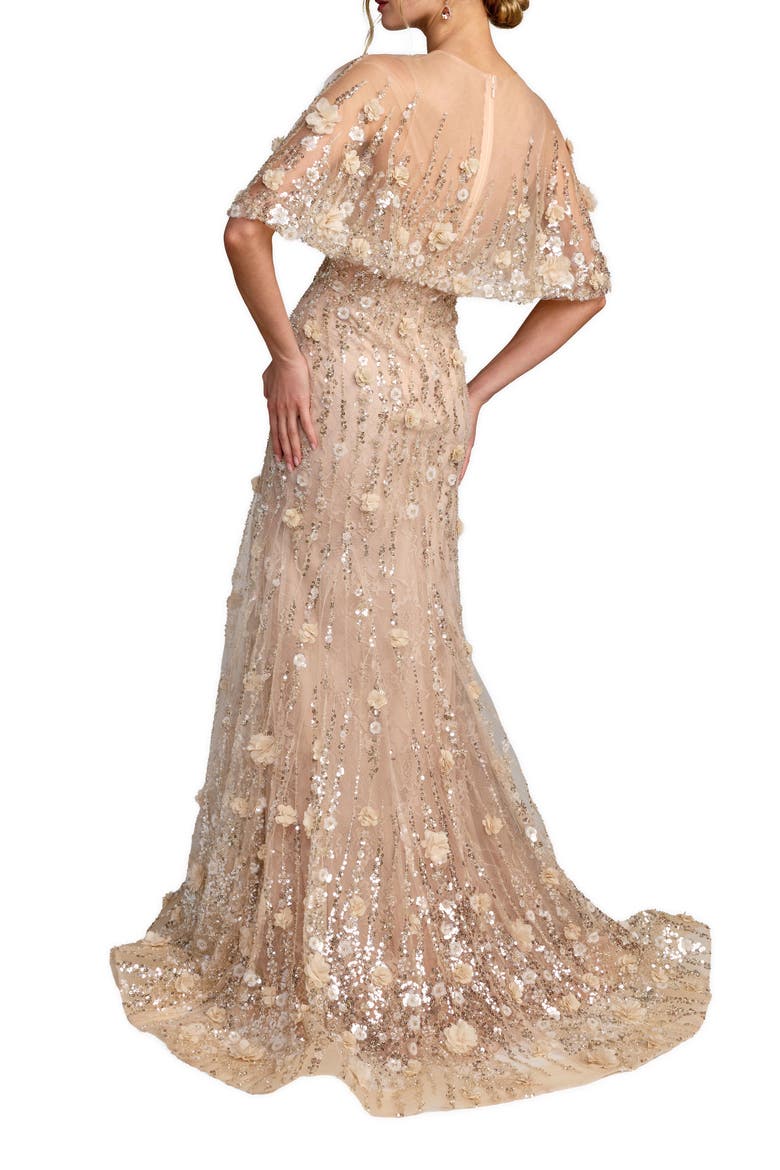 Chiffon Lace Floral Caplet Sleeve Trumpet Gown, Alternate, color, Almond