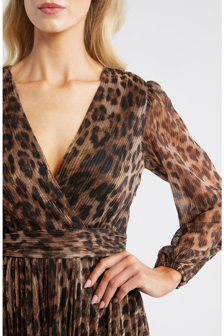 Metallic Leopard Print Long Sleeve Midi Dress, Alternate, color, BROWNSTONE